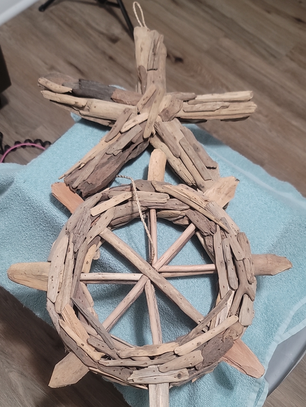 Selling As A Set: Natural Driftwood Star and Wheel Holiday Ornament - Neutral